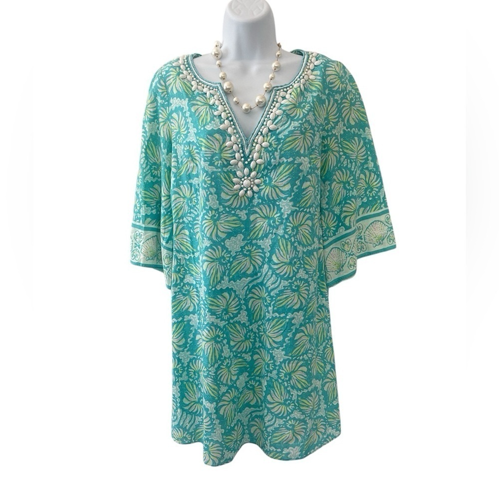 Lilly Pulitzer Beaded Cotton Tunic Dress XS Resort Cover-Up Pockets